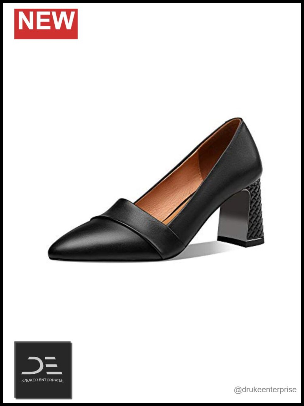 Women's Genuine Leather Pointed Toe Mid Chunky Heel Dress Pumps Slip On